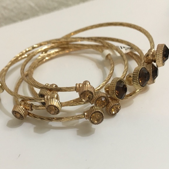 6 Brown/Amber Rhinestone Cable Cuff Gold Bracelets - Picture 4 of 8